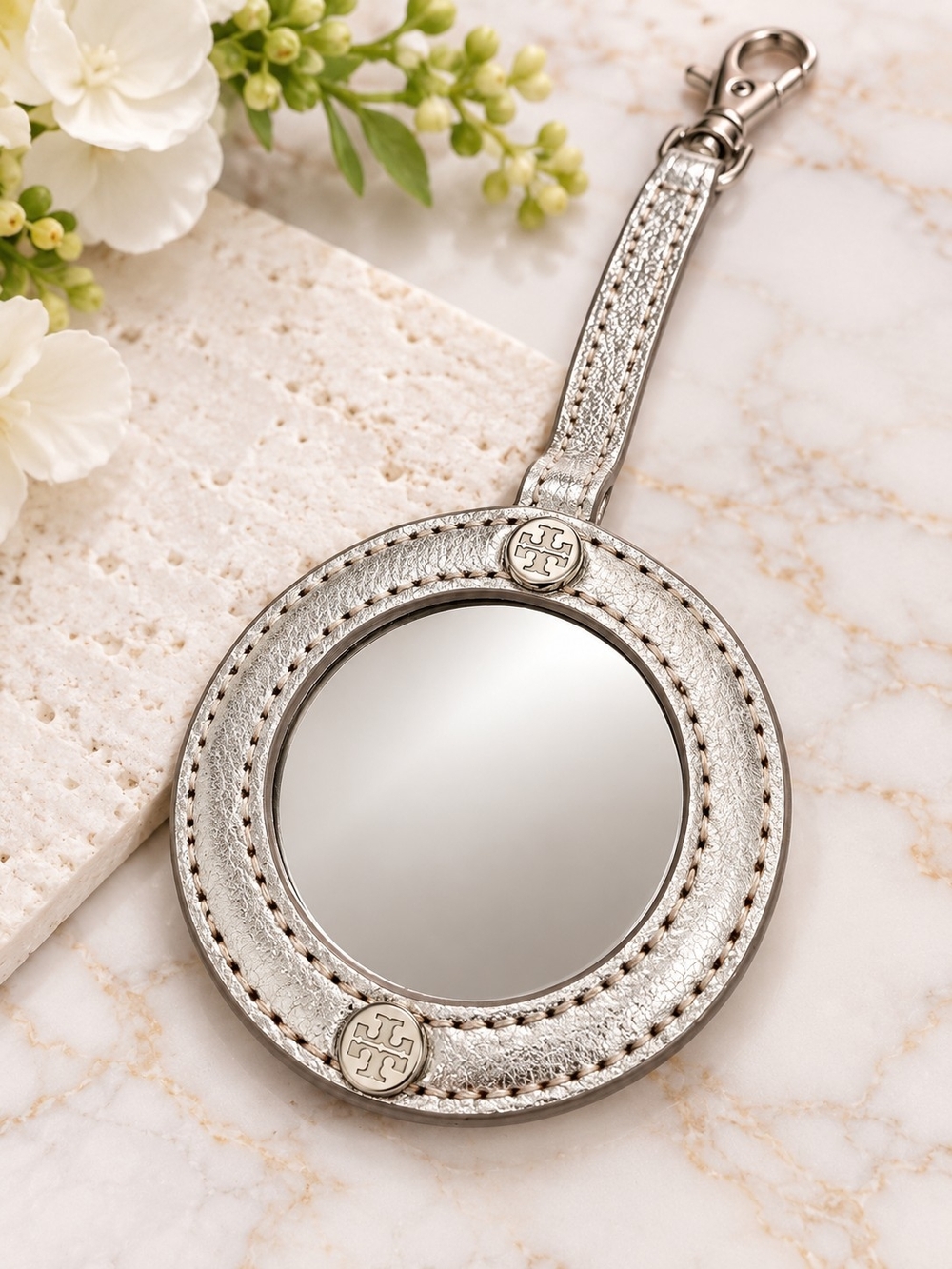 Tory Burch Metallic Silver Leather Mirror Bag Charm Keychain